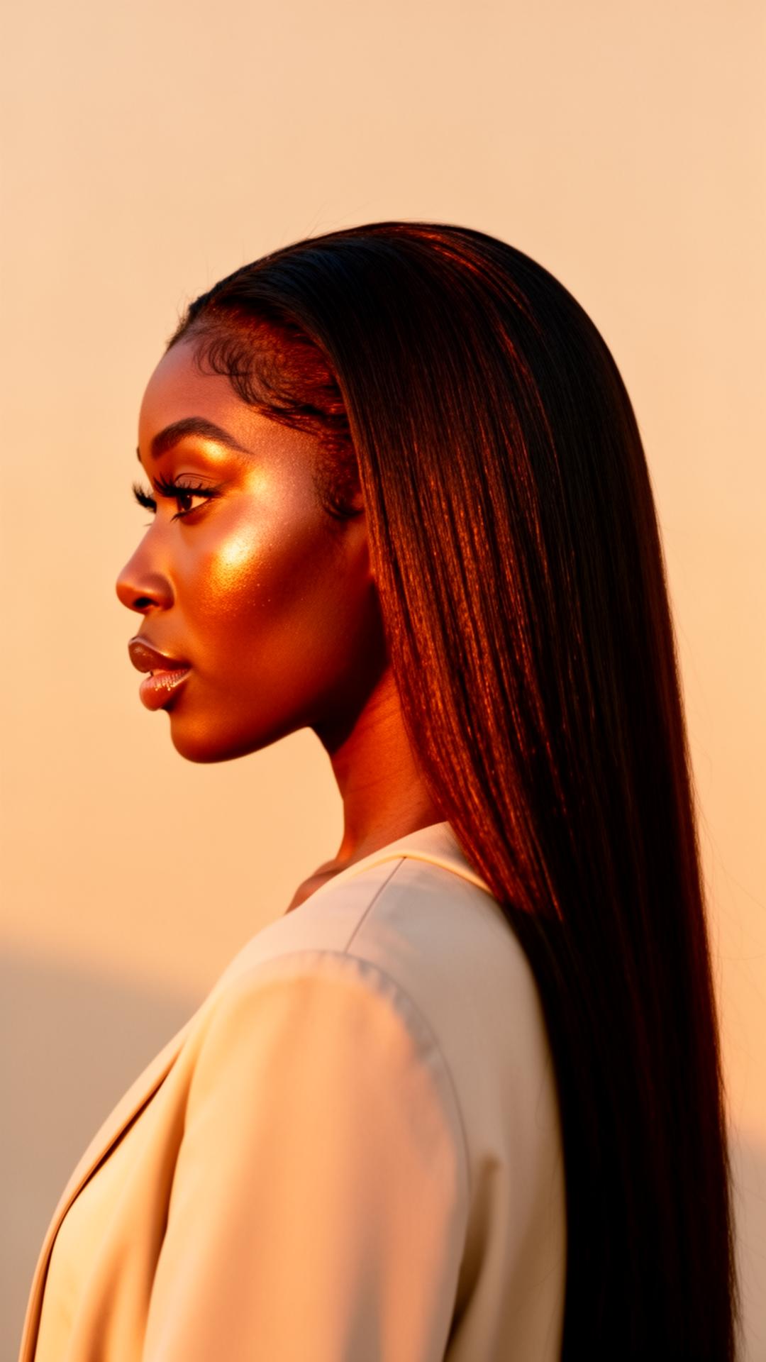 Femme portant une perruque lace front Dorlane au coucher du soleil